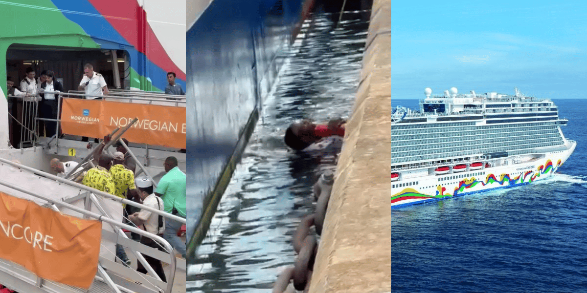 A sequence of three images showing a rescue beside Norwegian Encore. The first image shows crew members and port staff lowering a ladder near the gangway. The second image shows a man in the water between the ship and the pier holding onto the dockside edge. The third image shows Norwegian Encore sailing at sea.