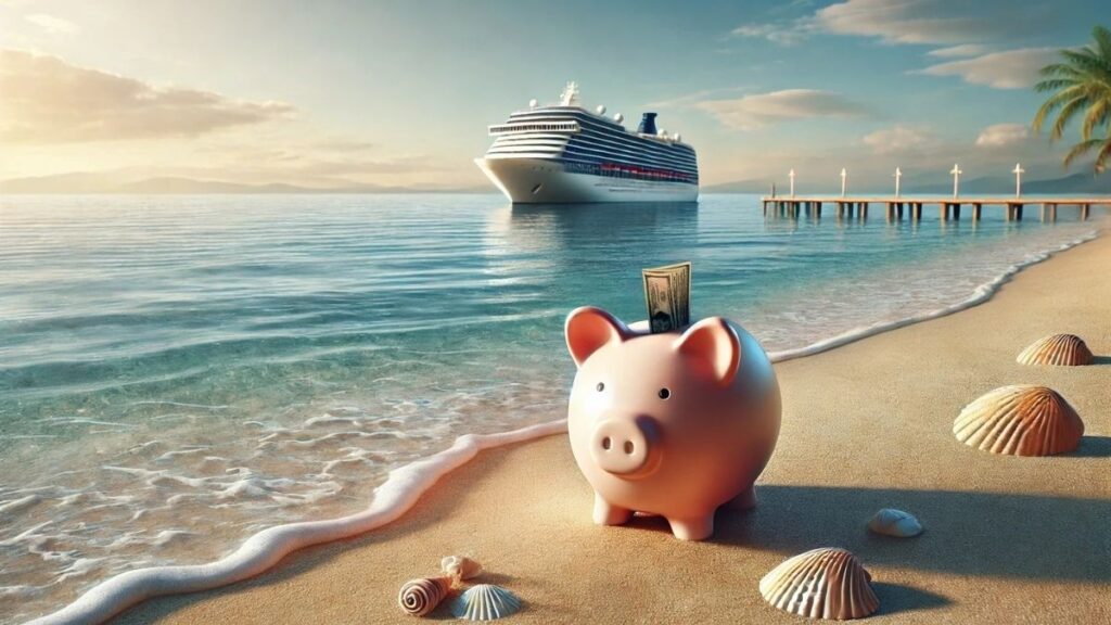 A pink piggy bank with a dollar bill sticking out sits on a sandy beach surrounded by seashells, with a cruise ship anchored in the calm ocean in the background. The scene is bathed in soft, golden sunlight, evoking a sense of savings and vacation planning.