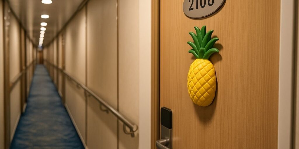 A cruise ship cabin door labeled 2108 is decorated with a large, bright yellow pineapple magnet. The hallway is lined with identical doors, blue carpet, and wall railings, creating a uniform but colorful corridor scene.