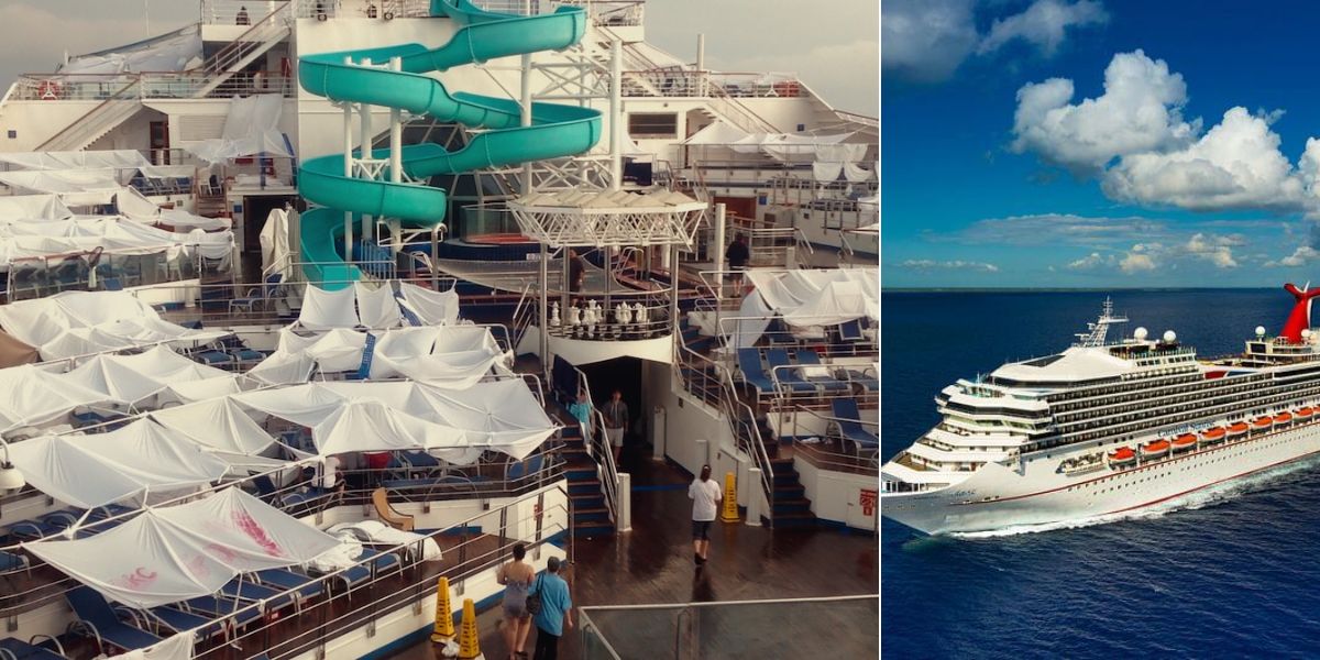 Left: Cruise ship deck covered in makeshift tents made from bedsheets during the 2013 Carnival Triumph “Poop Cruise” incident. Right: A Carnival cruise ship sailing on calm blue waters under a sunny sky.