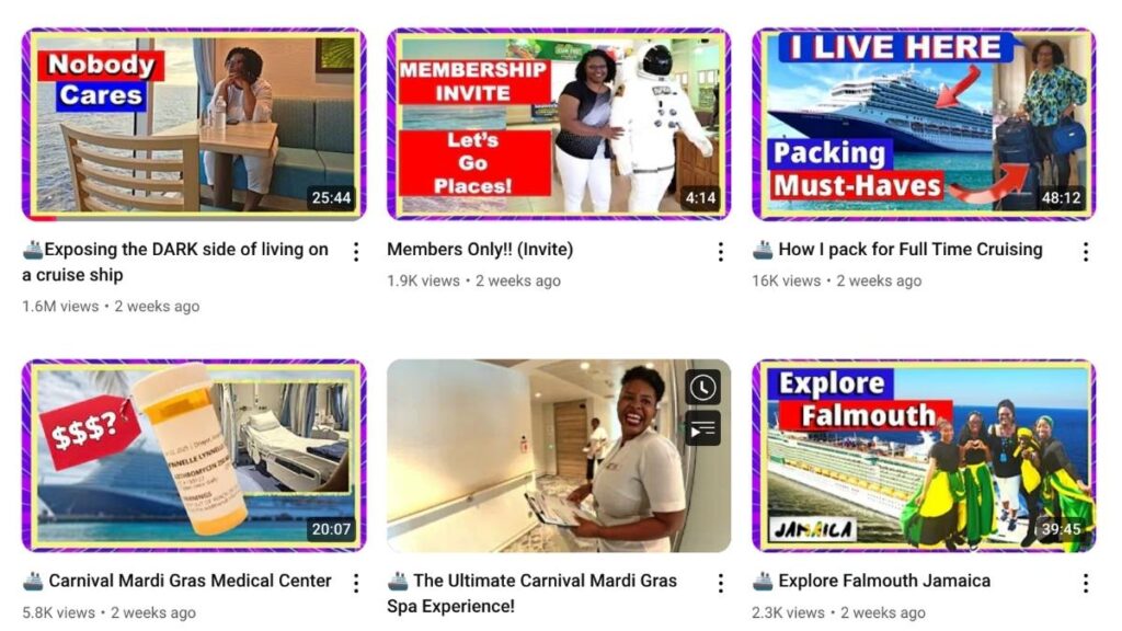A screenshot of six video thumbnails from the YouTube channel 'Poverty to Paradise,' featuring colorful titles and images related to cruising and travel. 
