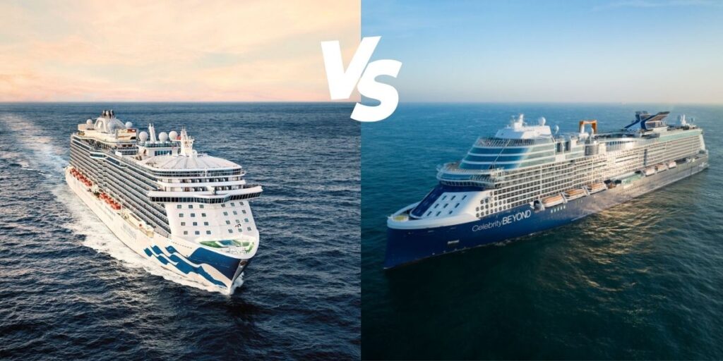 This image features a side-by-side comparison of two cruise ships: one from Princess Cruises on the left and the Celebrity Beyond on the right. Both ships are sailing through calm ocean waters under different lighting conditions, with the Princess Cruises ship shown during a warm, sunset glow, and the Celebrity Beyond illuminated by soft daylight. The "VS" text in the center highlights the comparison between the two luxury cruise lines.