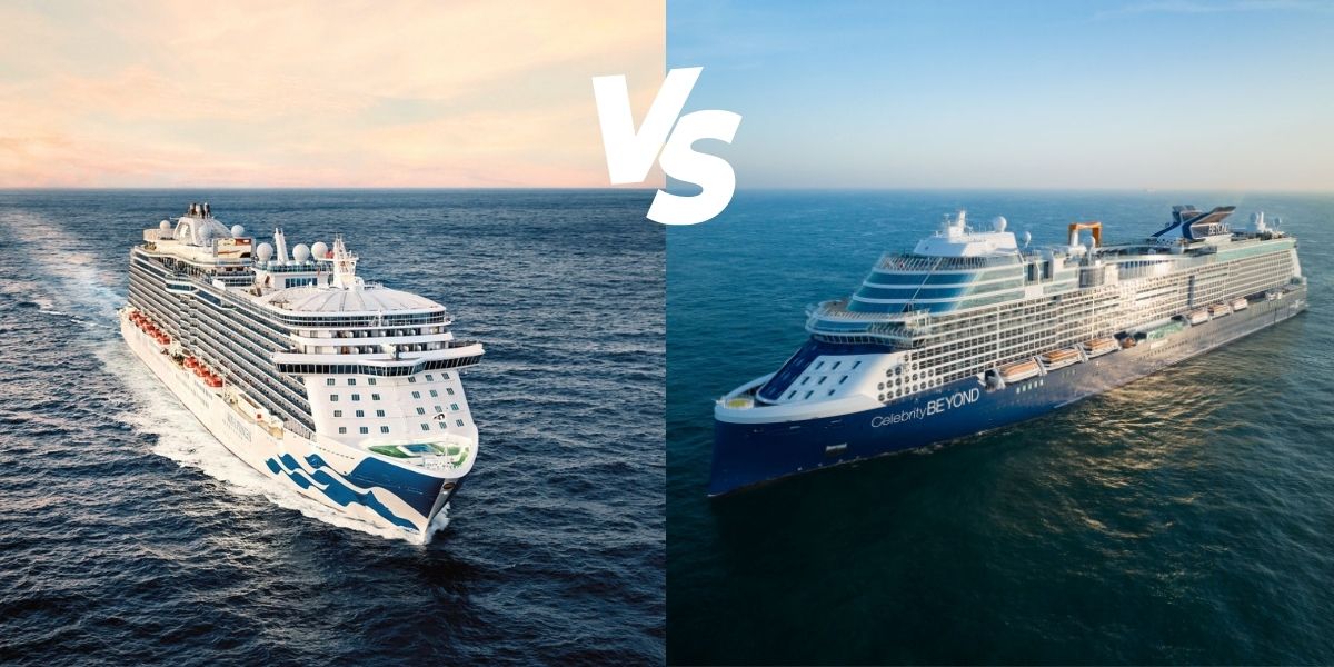 This image features a side-by-side comparison of two cruise ships: one from Princess Cruises on the left and the Celebrity Beyond on the right. Both ships are sailing through calm ocean waters under different lighting conditions, with the Princess Cruises ship shown during a warm, sunset glow, and the Celebrity Beyond illuminated by soft daylight. The "VS" text in the center highlights the comparison between the two luxury cruise lines.
