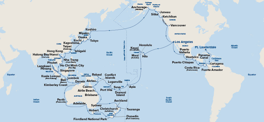 Map infographic showing the 129-day Princess Cruises Circle Pacific World Cruise route, starting from Ft. Lauderdale and covering destinations across Central America, the U.S. West Coast, Alaska, Japan, Southeast Asia, Australia, New Zealand, and the South Pacific. Key stops include Los Angeles, Tokyo, Singapore, Sydney, Auckland, Honolulu, and the Panama Canal, with dotted lines indicating optional or connecting segments.
