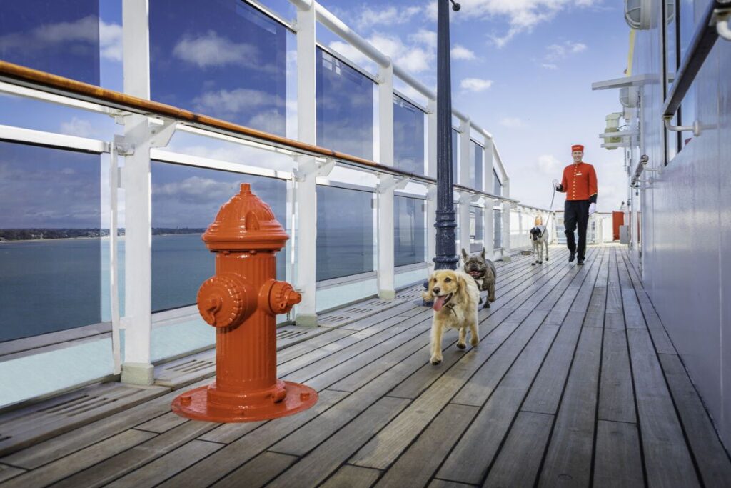 The image showcases the Queen Mary 2's kennel area, featuring a dedicated walking deck for pets with wooden flooring and railings overlooking the ocean. A bright red fire hydrant is installed as part of the pet-friendly facilities, and a staff member in formal attire is seen walking dogs on the deck.