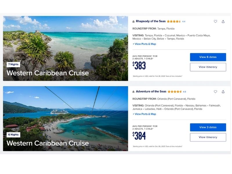 A comparison of two Western Caribbean cruise options is shown. The top option features a photo of turquoise waters and rocky shorelines with the text "7 Nights Western Caribbean Cruise" aboard Rhapsody of the Seas, departing from Tampa, Florida, starting at $383 per person. The bottom option displays a vibrant beach scene with zip lines over the ocean and the text "6 Nights Western Caribbean Cruise" aboard Adventure of the Seas, departing from Port Canaveral, Florida, starting at $384 per person.