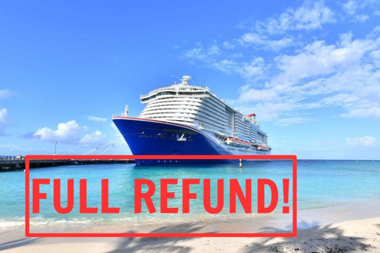 A majestic cruise ship docked at a tropical beach with crystal-clear waters, under a bright blue sky with scattered clouds, prominently featuring the text 'FULL REFUND!' in bold red letters across the foreground.