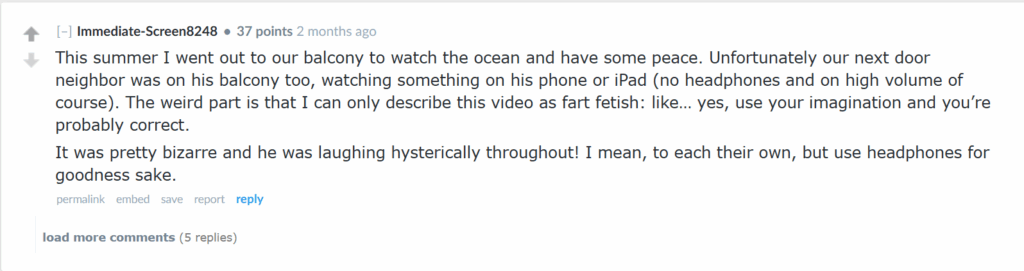 Screenshot of a Reddit comment from user Immediate-Screen8248 describing an awkward cruise balcony encounter, where their neighbor loudly watched what seemed to be a fetish video without headphones, laughing hysterically, and urging headphone use for courtesy.