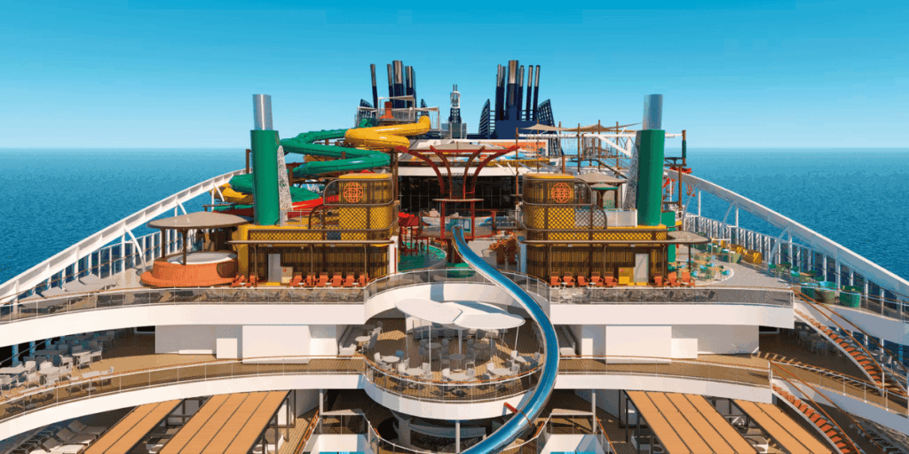 Rendering of MSC World Asia showing the upper decks with colourful water slides, pool areas, sun loungers, and modern funnel structures overlooking the open ocean under a clear blue sky.