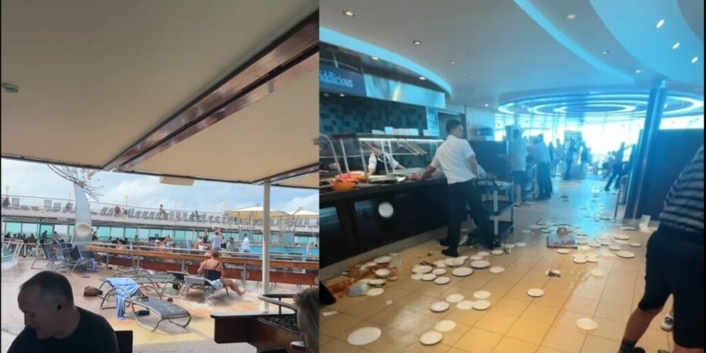 Two photos showing the aftermath of a rogue wave hitting a cruise ship. On the left, passengers near the pool deck react as water surges across the floor. On the right, a buffet area is covered in broken plates and spilled food as crew members begin cleaning up.