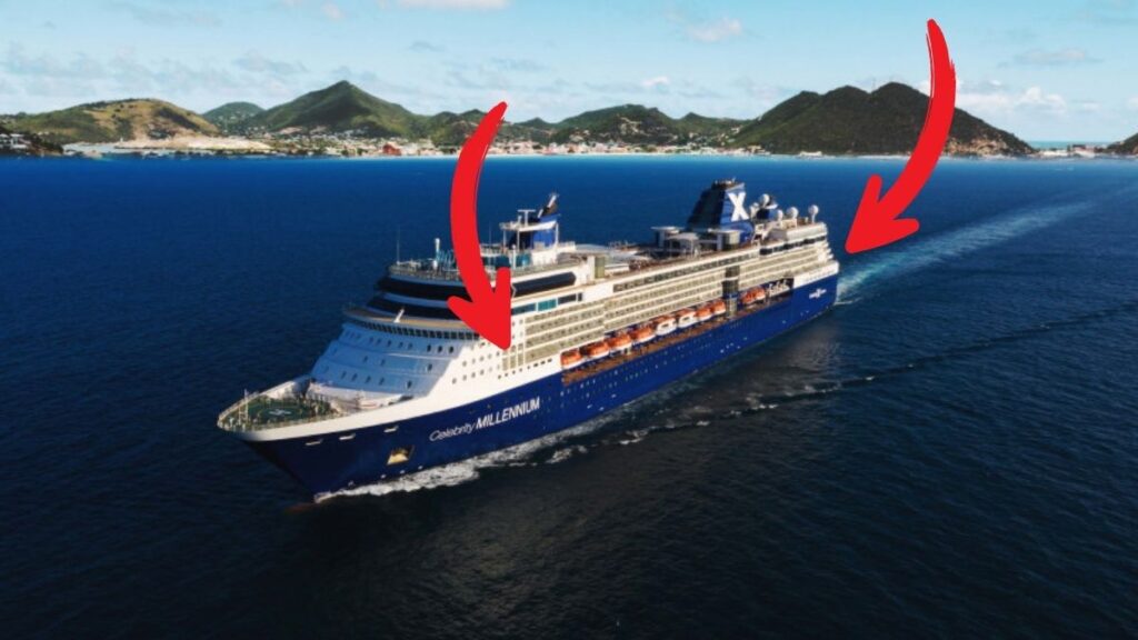 A photo of a Celbrity Cruise ship sailing on the water with 2 arrows pointing to either end of the ship, which are worse for seasickness