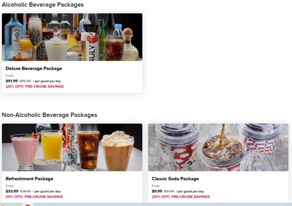 An array of alcoholic beverages displayed under the title "Alcoholic Beverage Packages," featuring a variety of spirits and cocktails, accompanied by pricing information for a Deluxe Beverage Package on a Royal Caribbean cruise. Below are non-alcoholic options with a selection of drinks and pricing for a Refreshment Package and Classic Soda Package, highlighted with pre-cruise savings offers.