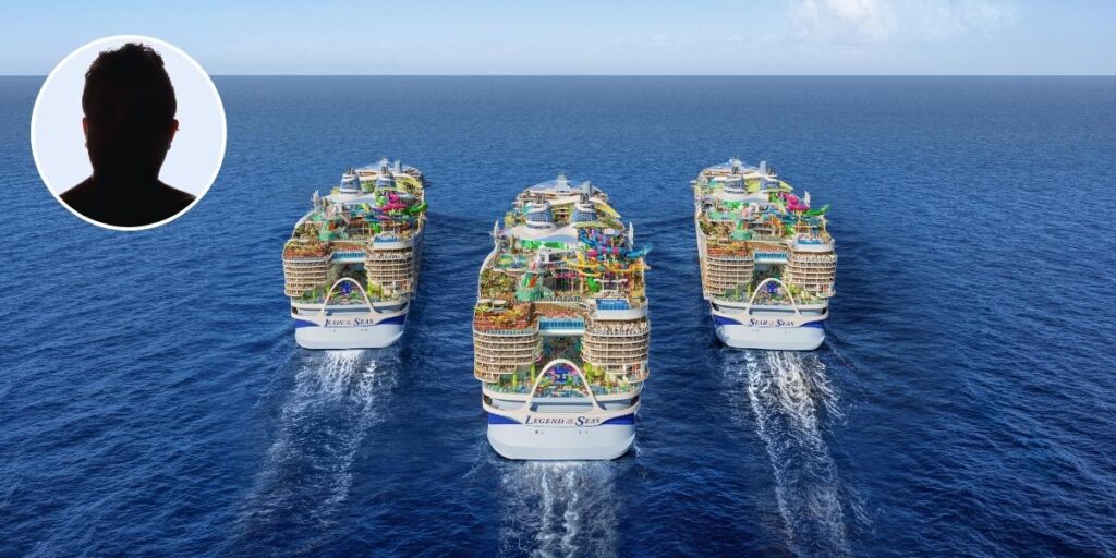 This image appears to be a digitally manipulated or AI-generated rendering of four massive, luxurious cruise ships sailing side by side in the open ocean. Each ship has multiple decks packed with water parks, pools, slides, and various entertainment areas, giving them a theme-park-like appearance. The ships have names on their sterns, such as "Icon of the Seas," "Legend of the Seas," and "Surf of the Seas," suggesting a fleet of high-end cruise liners. In the top-left corner, there's a silhouette of a person within a circular frame, which might imply an association with the fleet—perhaps a mystery Cruise director, or a marketing element. The image emphasizes excess, luxury, and the grandeur of modern cruise ships, possibly referencing Royal Caribbean's upcoming mega-cruise liners. It could also be a conceptual vision of future cruise tourism.