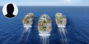 This image appears to be a digitally manipulated or AI-generated rendering of four massive, luxurious cruise ships sailing side by side in the open ocean. Each ship has multiple decks packed with water parks, pools, slides, and various entertainment areas, giving them a theme-park-like appearance. The ships have names on their sterns, such as "Icon of the Seas," "Legend of the Seas," and "Surf of the Seas," suggesting a fleet of high-end cruise liners. In the top-left corner, there's a silhouette of a person within a circular frame, which might imply an association with the fleet—perhaps a mystery Cruise director, or a marketing element. The image emphasizes excess, luxury, and the grandeur of modern cruise ships, possibly referencing Royal Caribbean's upcoming mega-cruise liners. It could also be a conceptual vision of future cruise tourism.