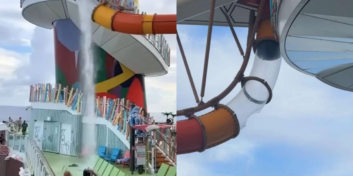 Side-by-side images of a colorful water slide aboard a cruise ship—on the left, water shoots vertically into the air from the slide's exit; on the right, a close-up shows a transparent section of the twisting tube slide suspended above the deck.