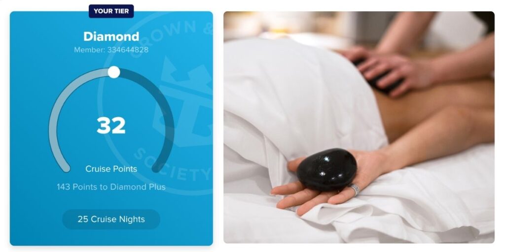 A split image shows a Royal Caribbean Crown & Anchor Society Diamond tier status on the left, with 32 cruise points and 25 cruise nights, and a message indicating 143 points are needed to reach Diamond Plus. On the right, a person receives a hot stone massage at the Royal Caribbean spa, lying under a white sheet with a smooth black stone resting in their hand.