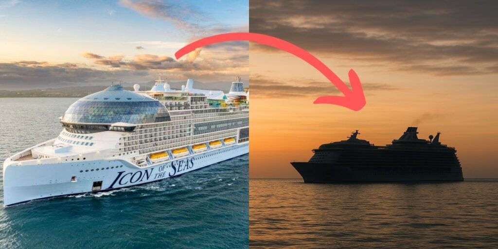 Side-by-side comparison of two Royal Caribbean cruise ships at sea. The left side shows the bright, modern "Icon of the Seas" sailing in daylight with a clear view of its glass dome and yellow lifeboats. The right side shows a smaller cruise ship silhouetted against a golden sunset, with a large red arrow pointing from the larger ship to the smaller one.
