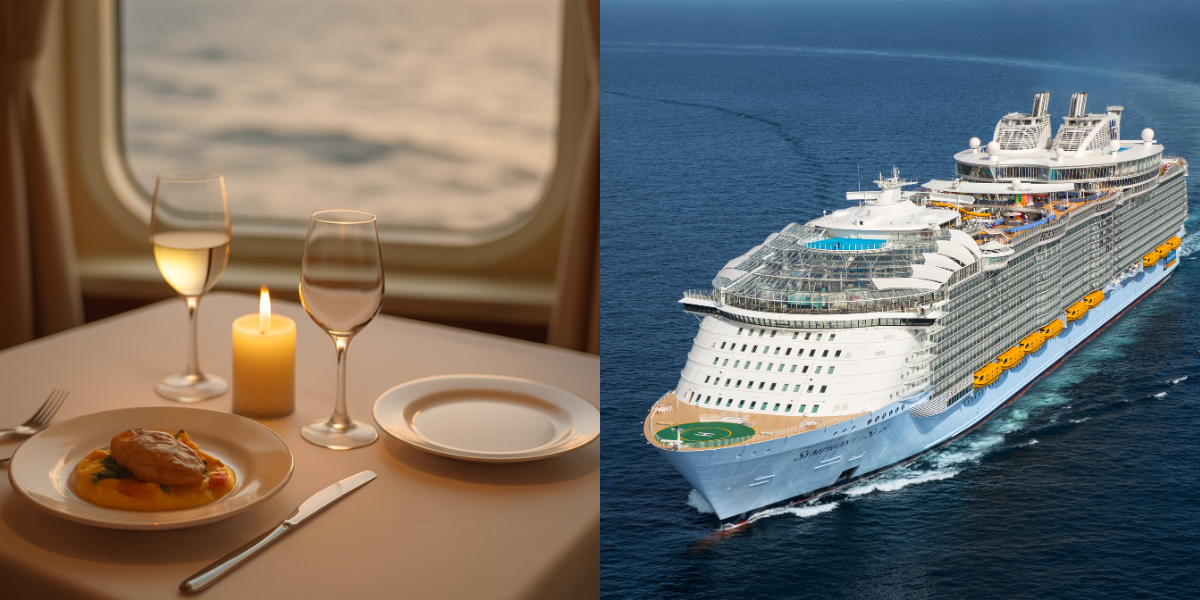 Split-image showing two aspects of a luxury cruise experience. On the left, a candlelit dinner setup with wine and a gourmet chicken dish sits by a window overlooking the ocean at sunset. On the right, a large cruise ship sails through calm blue waters, showcasing multiple decks, pools, and lifeboats.