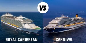 Comparative image showcasing two cruise ships side by side with 'Royal Caribbean' on the left and 'Carnival' on the right, highlighting the differences in design and size between the two leading cruise lines.