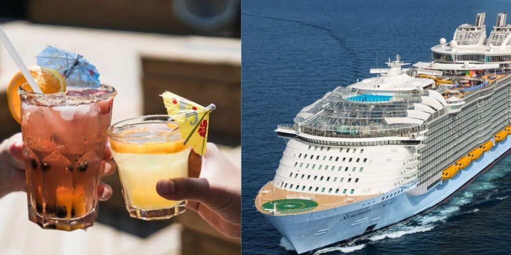 Side-by-side image showing tropical cocktails with paper umbrellas being toasted on the left, and the Royal Caribbean’s Symphony of the Seas cruise ship sailing through blue ocean waters on the right, capturing the essence of vacation vibes and luxury travel.