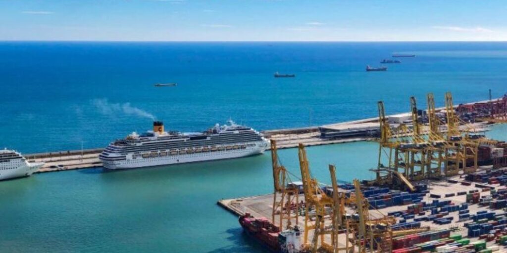 Aerial shot of Santos, Brazil with a huge cruise ship ported alone