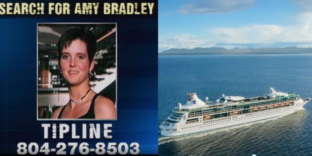 Side-by-side image showing a missing person alert for Amy Bradley on the left, with a photo of her and a tipline number 804-276-8503. On the right is a Royal Caribbean cruise ship, Rhapsody of the Seas, sailing at sea near a coastline.