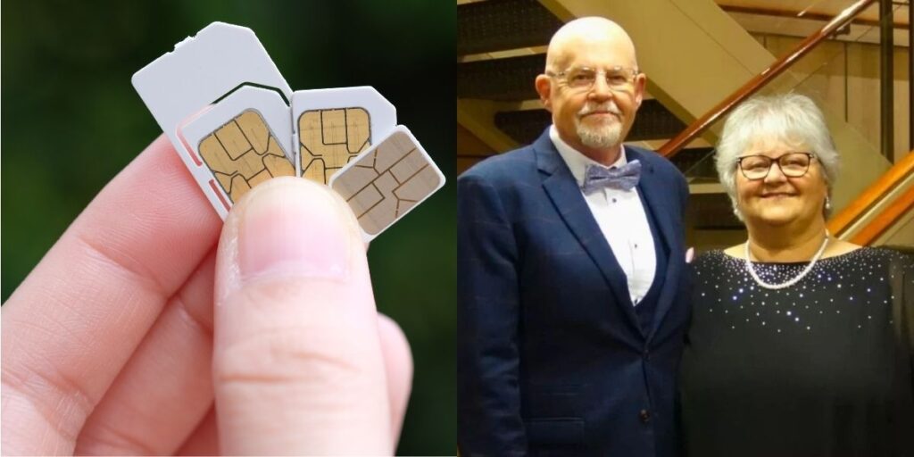 The image is a side-by-side collage. On the right, an couple is dressed formally, standing in front of a staircase on a cruise. The man wears a navy-blue suit with a bow tie and glasses, while the woman wears a black dress with sparkling details, glasses, and a pearl necklace. On the left, a close-up of a hand holding multiple SIM cards of different sizes is shown against a blurred green background.