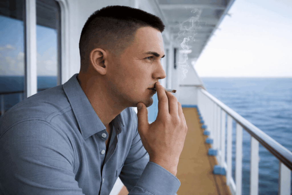 A man in a grey shirt leans against the railing of a cruise ship balcony, deeply inhaling from a cigarette. The calm ocean and clear sky stretch into the horizon behind him, creating a tranquil yet solitary scene on the ship's deck.