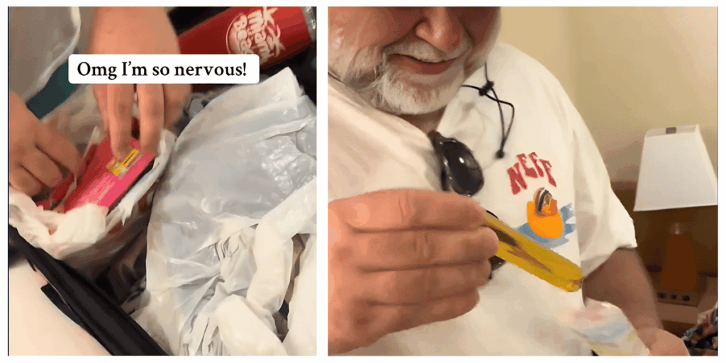 Two-image collage from a TikTok video. The left panel shows someone unpacking a suitcase with a caption reading “Omg I’m so nervous!”—they’re pulling out a tampon box with a MrBeast chocolate bar also visible. The right panel shows an older man smiling while holding a yellow tampon-shaped object, revealing it to be a hidden container, likely for sneaking alcohol.