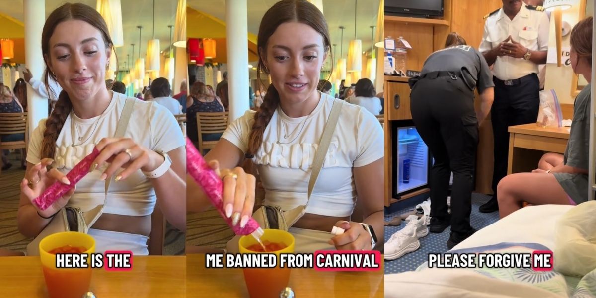 A woman wearing a white crop top labeled “BRIDE” is seen in three scenes on a cruise ship. In the first two frames, she removes a pink wrapper and pours liquid from it into her drink while seated in a dining area. In the third frame, cruise staff members, including a uniformed officer, inspect her cabin as she sits on the bed.