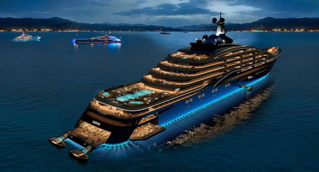 A majestic Somnio Superyacht glides through the evening sea, with its multiple decks illuminated against the twilight sky. Smaller vessels with vibrant blue lighting accents complement the grandeur of the luxury yacht in this serene maritime setting.