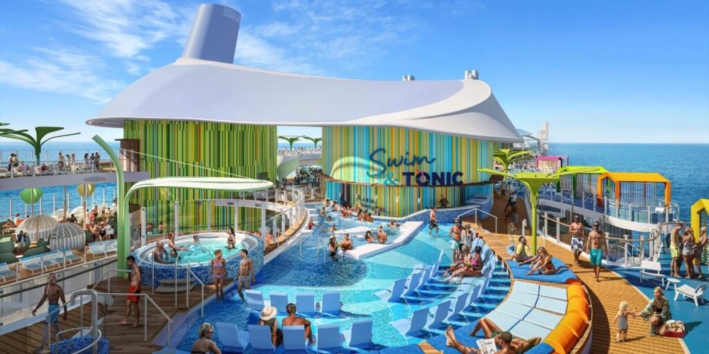 Lively cruise ship pool scene at the Swim & Tonic bar, featuring a swim-up bar, submerged loungers, shaded hot tub area, and colorful cabanas. Guests relax in the pool and along the sun deck under a clear blue sky, surrounded by vibrant green and orange accents and a modern, tropical design.