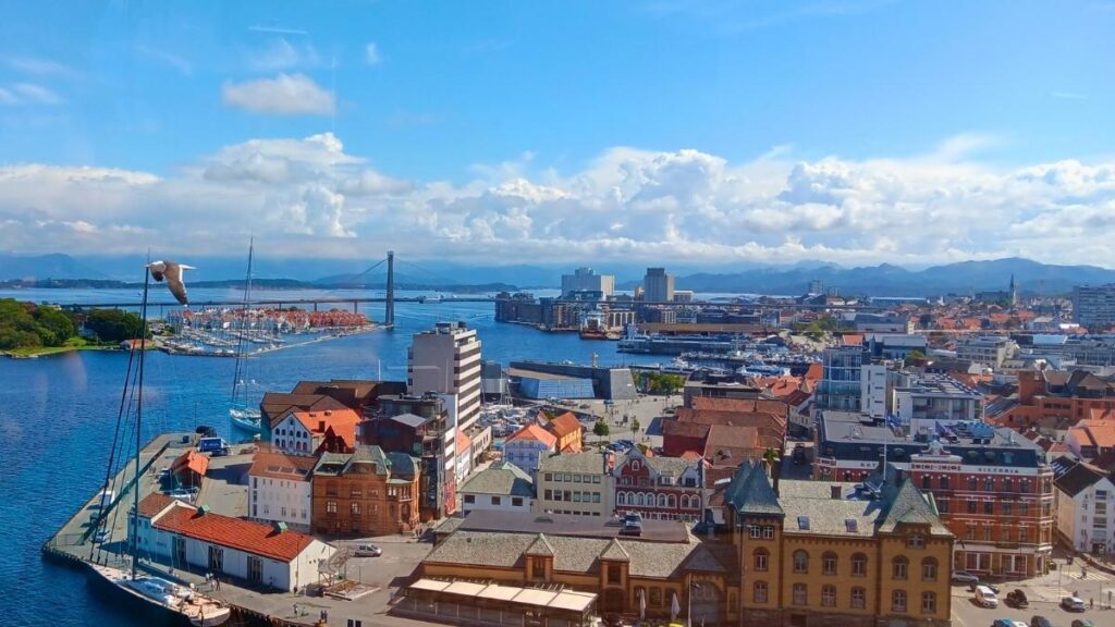 A photo take from a view point in Stavanger, Norway. Looking over the town and water.