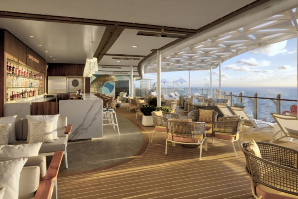 Sun-drenched Suite Sun Deck on Wonder of the Seas cruise ship, featuring a luxurious outdoor lounge with plush seating, a marble-topped bar, and sweeping ocean views under a stylish white lattice canopy.