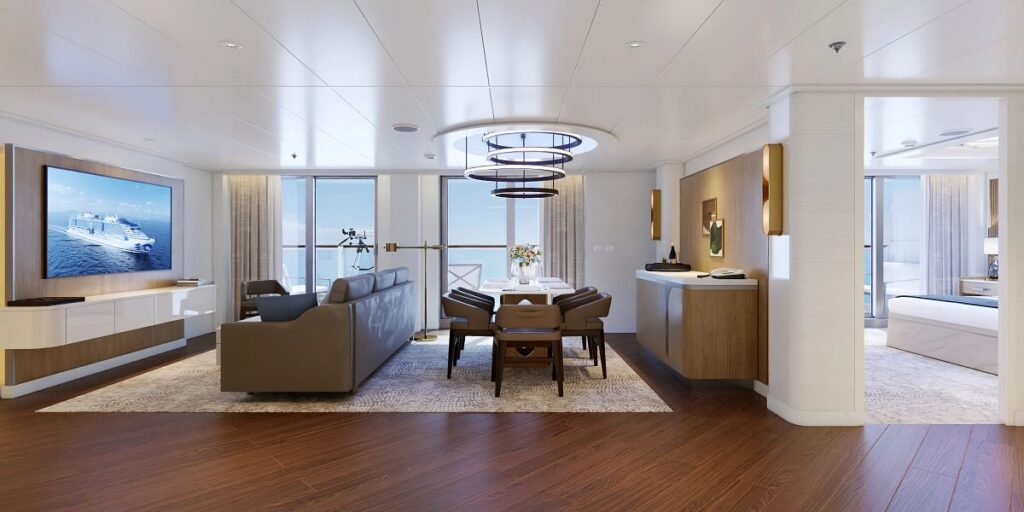 This image showcases the luxurious Sky Suite aboard the Sun Princess cruise ship, featuring a spacious and elegantly designed living area. The suite includes modern furnishings, such as a plush sofa, a large flat-screen TV, a dining table, and floor-to-ceiling windows that open to a private balcony with breathtaking views. The light color palette and high-end finishes create a refined and relaxing ambiance, perfect for premium cruising.