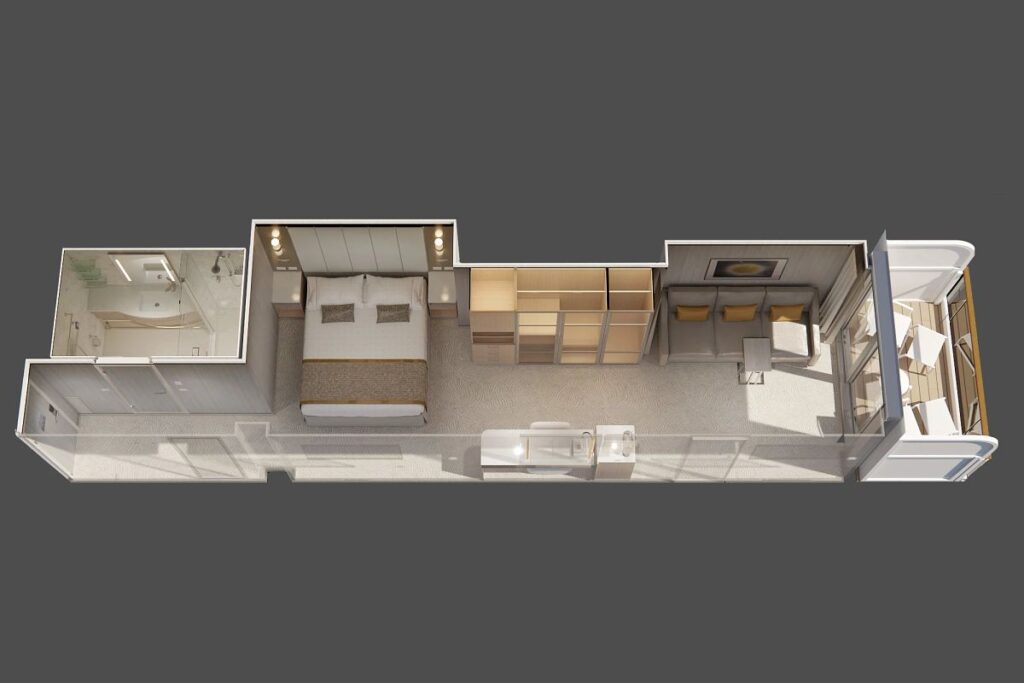 This image displays a top-down view of a Mini Suite layout for Princess Cruises, showcasing a spacious and well-organized cabin. The suite includes a large bed, a separate sitting area with a sofa, and a private balcony with seating. The bathroom features a walk-in shower, and ample wardrobe space is visible next to the bed. The layout optimizes both relaxation and functionality for a luxurious cruising experience.