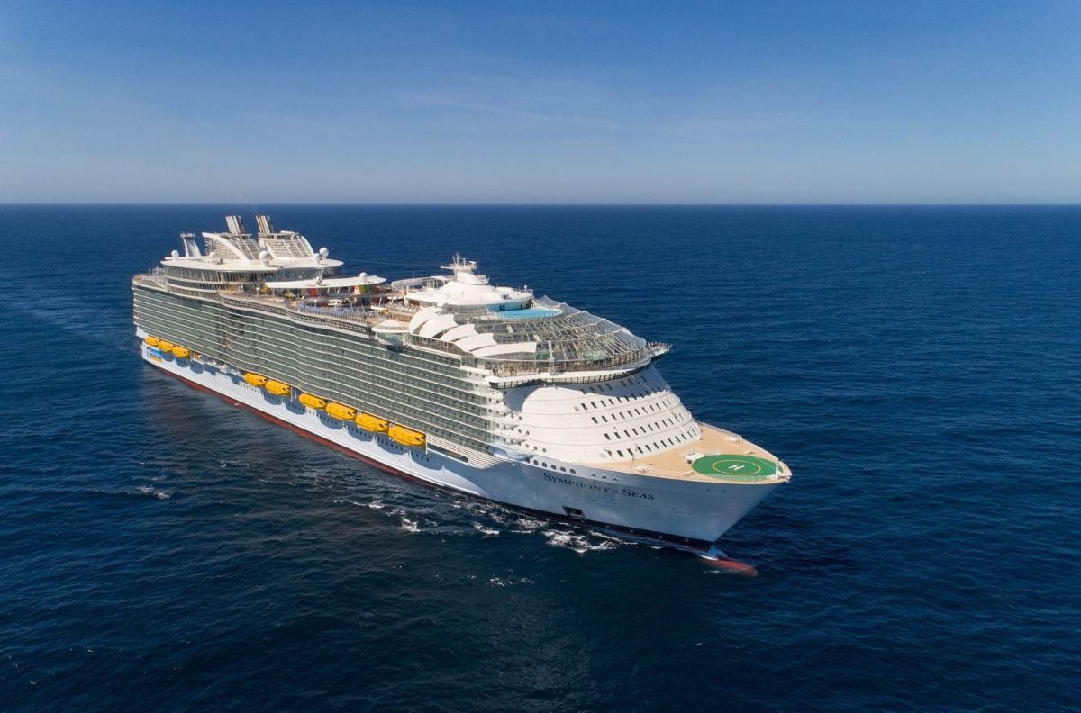 An aerial view of Royal Caribbean's Symphony of the Seas, the world's largest cruise ship, as it navigates the deep blue ocean. Its multiple decks and distinctive architectural features create a floating cityscape against the vastness of the sea, embodying the grandeur of modern ocean travel.