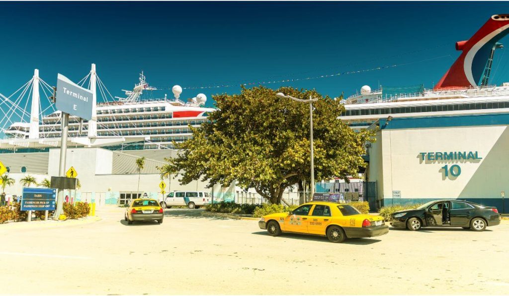 Sunny day at Miami Port with a Carnival cruise ship docked behind Terminal 10, and taxis waiting near a lush green tree, ready to pick up passengers.