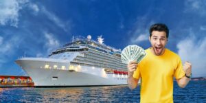Excited man holding money in front of a cruise ship, eager to set sail on a dream vacation.