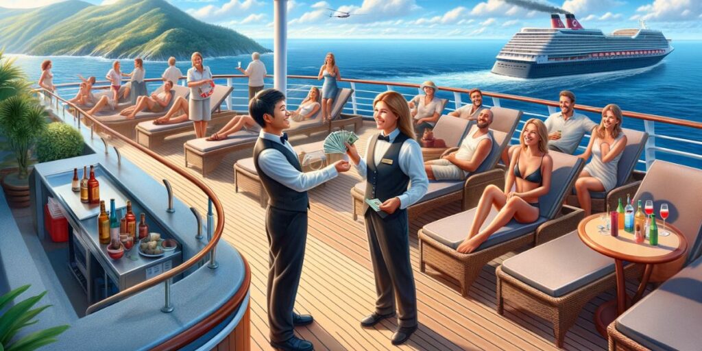 On the deck of a luxury cruise ship, guests lounge on sunbeds enjoying drinks, while two waitstaff exchange a stack of cash, smiling. The scene includes a bartender preparing beverages and a distant view of another cruise ship sailing near a lush, mountainous coastline.