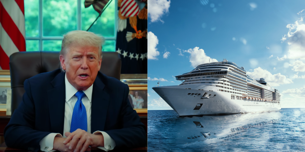 Split image featuring a Donalt Trump in a suit seated at a formal desk with American flags and presidential symbols in the background, alongside a large modern cruise ship sailing on a calm ocean under a sunny sky.