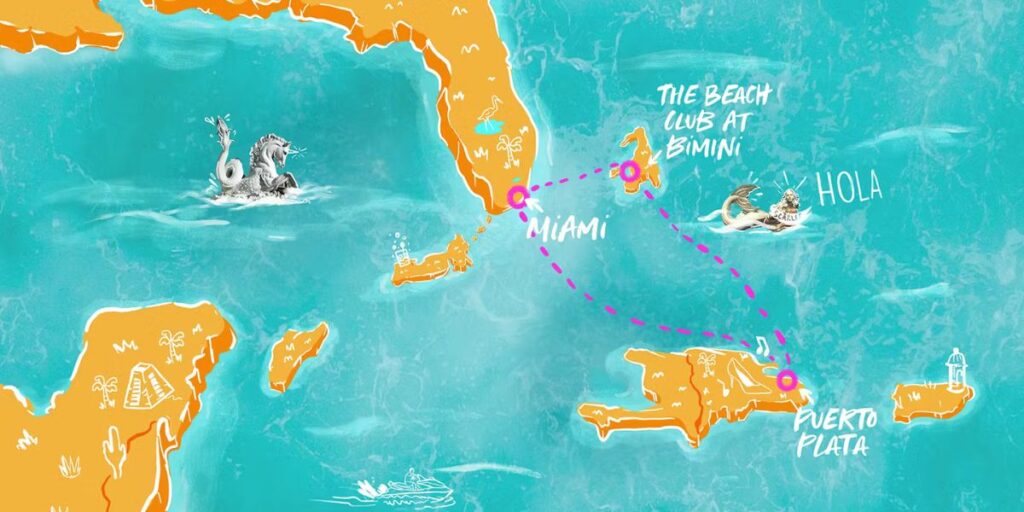 Illustrated cruise map highlighting a route from Miami to The Beach Club at Bimini and Puerto Plata, with playful drawings of sea creatures, music notes, and a mermaid labeled “SCARLET.” The bright turquoise ocean contrasts with the orange landmasses, representing a Virgin Voyages itinerary.