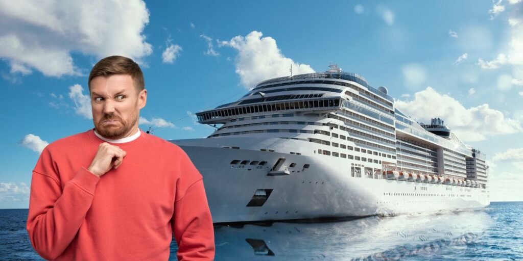 A skeptical man in a red sweater with a raised eyebrow and a thoughtful expression, juxtaposed with a massive cruise ship sailing under a partly cloudy sky. The ocean appears calm and the weather is sunny.