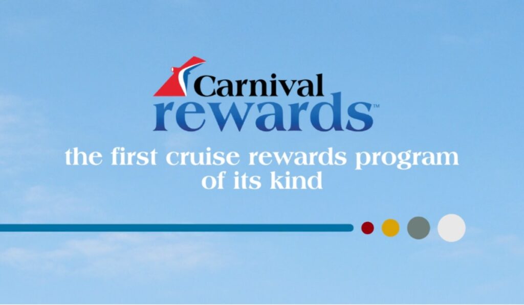 Carnival Rewards promotional graphic reading “the first cruise rewards program of its kind” against a blue sky background.