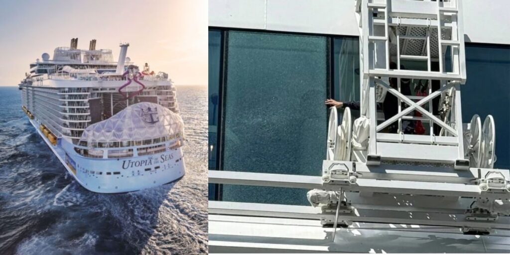 The image is split into two parts. On the left, a close-up shows a worker's hand reaching out from a scaffolding or maintenance platform next to a large glass window on a cruise ship. On the right, the full exterior of the Utopia of the Seas, a Royal Caribbean cruise ship, is shown sailing through the ocean under clear skies.