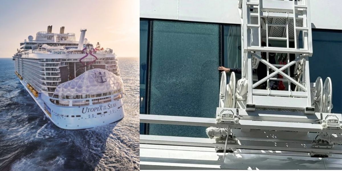The image is split into two parts. On the left, a close-up shows a worker's hand reaching out from a scaffolding or maintenance platform next to a large glass window on a cruise ship. On the right, the full exterior of the Utopia of the Seas, a Royal Caribbean cruise ship, is shown sailing through the ocean under clear skies.