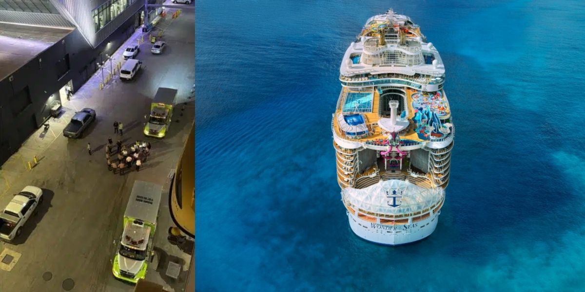 A nighttime overhead view of a cruise port terminal with emergency vehicles and a group of people gathered near a docked ship. Aerial view of the Royal Caribbean cruise ship Wonder of the Seas sailing in clear blue water with colorful decks featuring pools and slides.