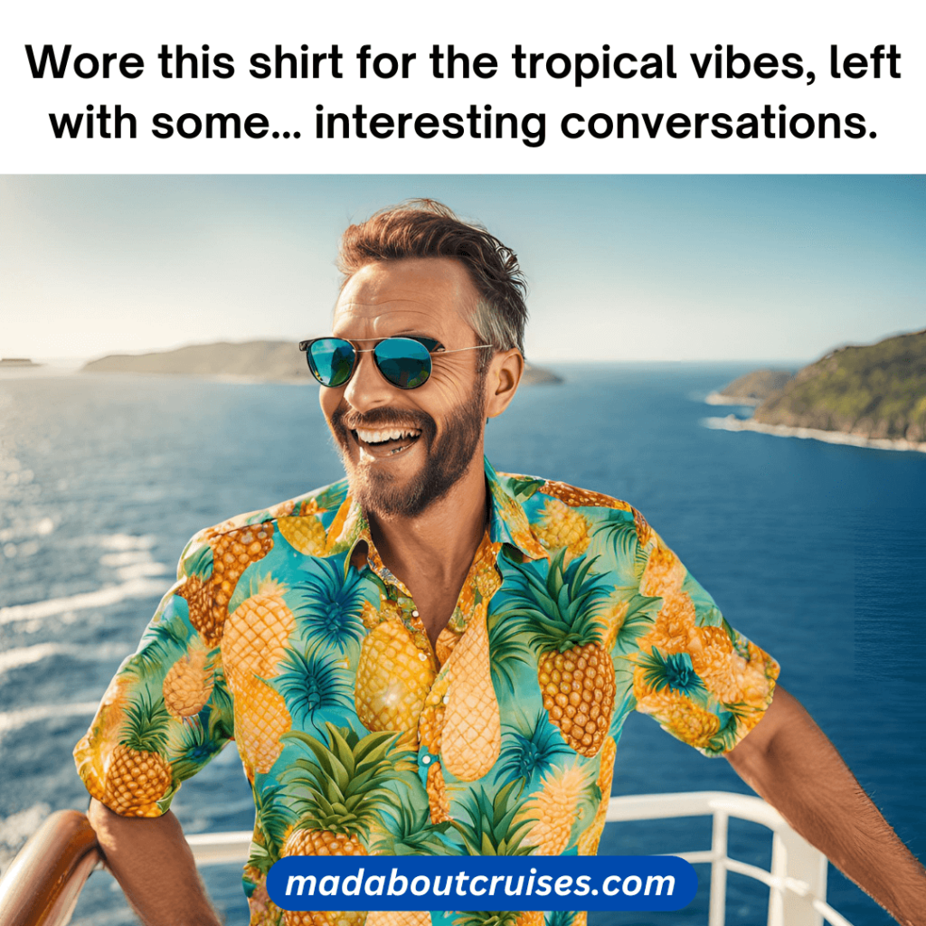 A meme which has a man wearing a pineapple shirt and the text above saying "Wore this shirt for the tropical vibes, left with some... interesting conversations."