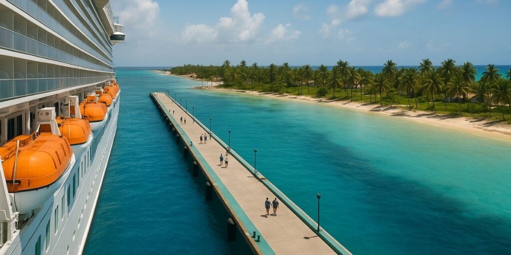 A large cruise ship with bright orange lifeboats is docked beside a long pier extending toward a tropical island lined with tall palm trees. The turquoise water shifts to lighter shades near the sandy beach under a sunny blue sky.