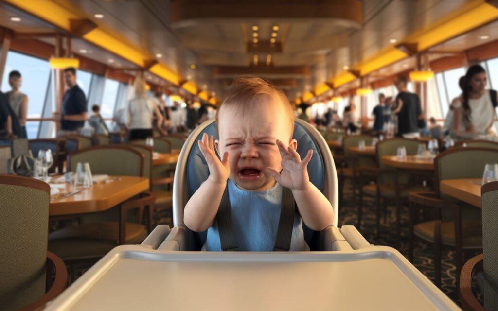 A baby cries loudly while seated in a high chair in a bustling cruise ship dining area, surrounded by adults dining and conversing, with a warm, well-lit interior setting featuring wooden tables and panoramic windows.